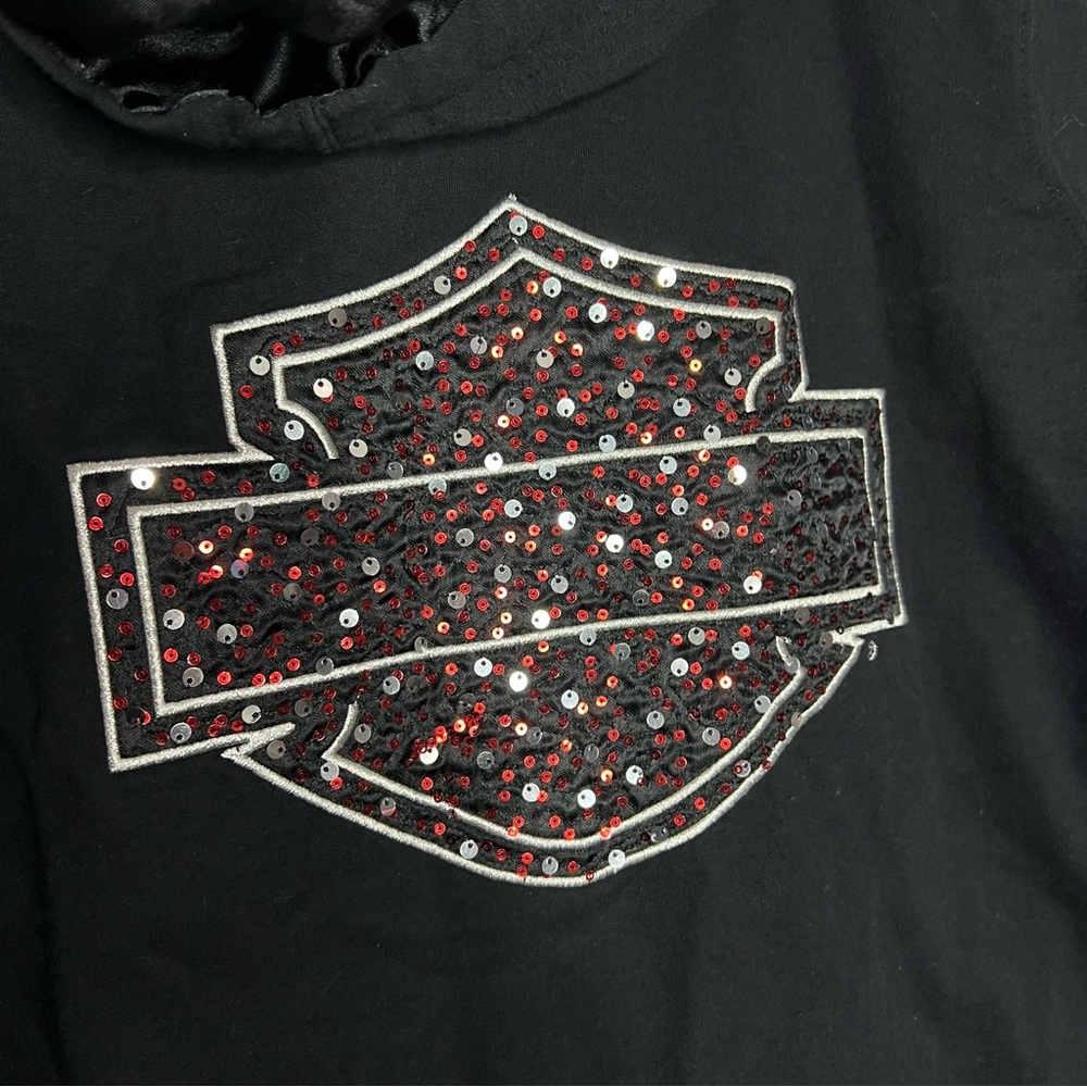 Harley Davidson Women’s Black Red Biker Sparkle Fleece Hoodie Sweater Size M - Picture 9 of 11